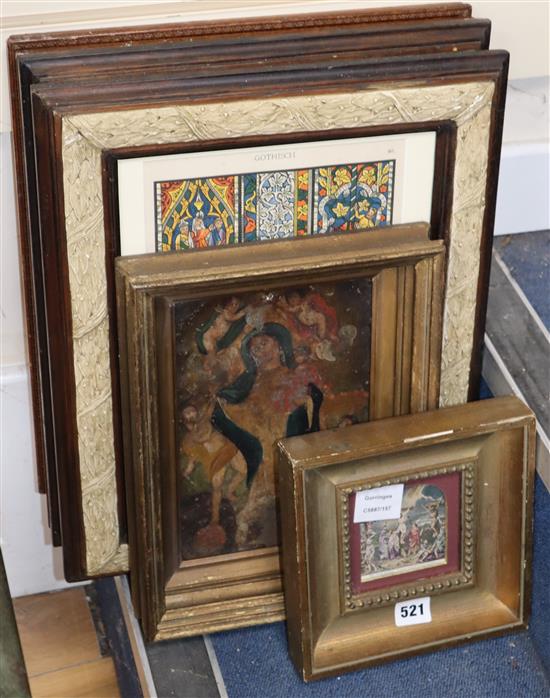 A 19th century oil on zinc icon, 24 x 16cm and a group of decorative prints including gothic architecture